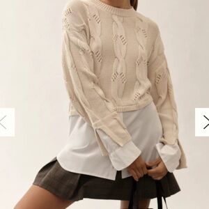 PILCRO anthropologie Beige White Cotton Cable Knit Twofer Crew Neck Sweater XL